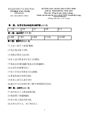 Hướng dẫn chấm thi tuyển sinh lớp 10 phổ thông năm 2015 môn thi Tiếng Trung quốc (chung)